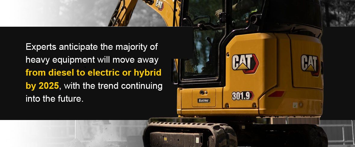 Experts anticipate the majority of heavy equipment will move away from diesel to electric or hybrid by 2025, with the trend continuing into the future.