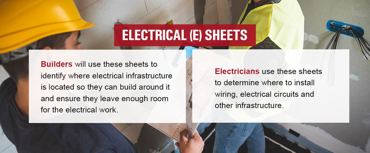 Builders will use these sheets to identify where electrical infrastructure is located so they can build around it and ensure they leave enough room for the electrical work. Electricians use these sheets to determine where to install wiring, electrical circuits and other infrastructure.