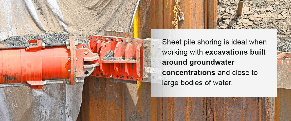 Sheet pile shoring is ideal when working with excavations built around groundwater concentrations and close to large bodies of water.