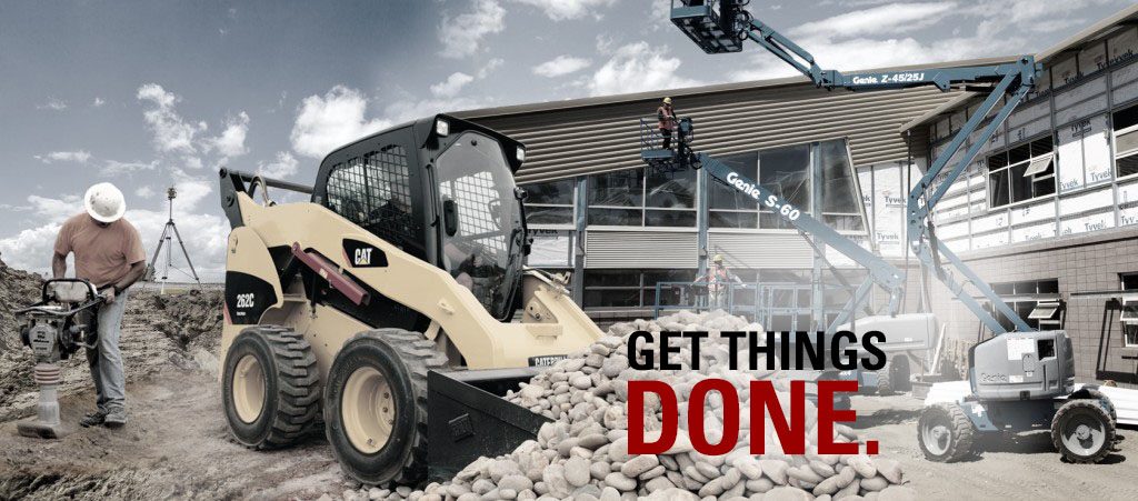 Jobsite image with a Skid-Steer moving material with the caption Get Things done.